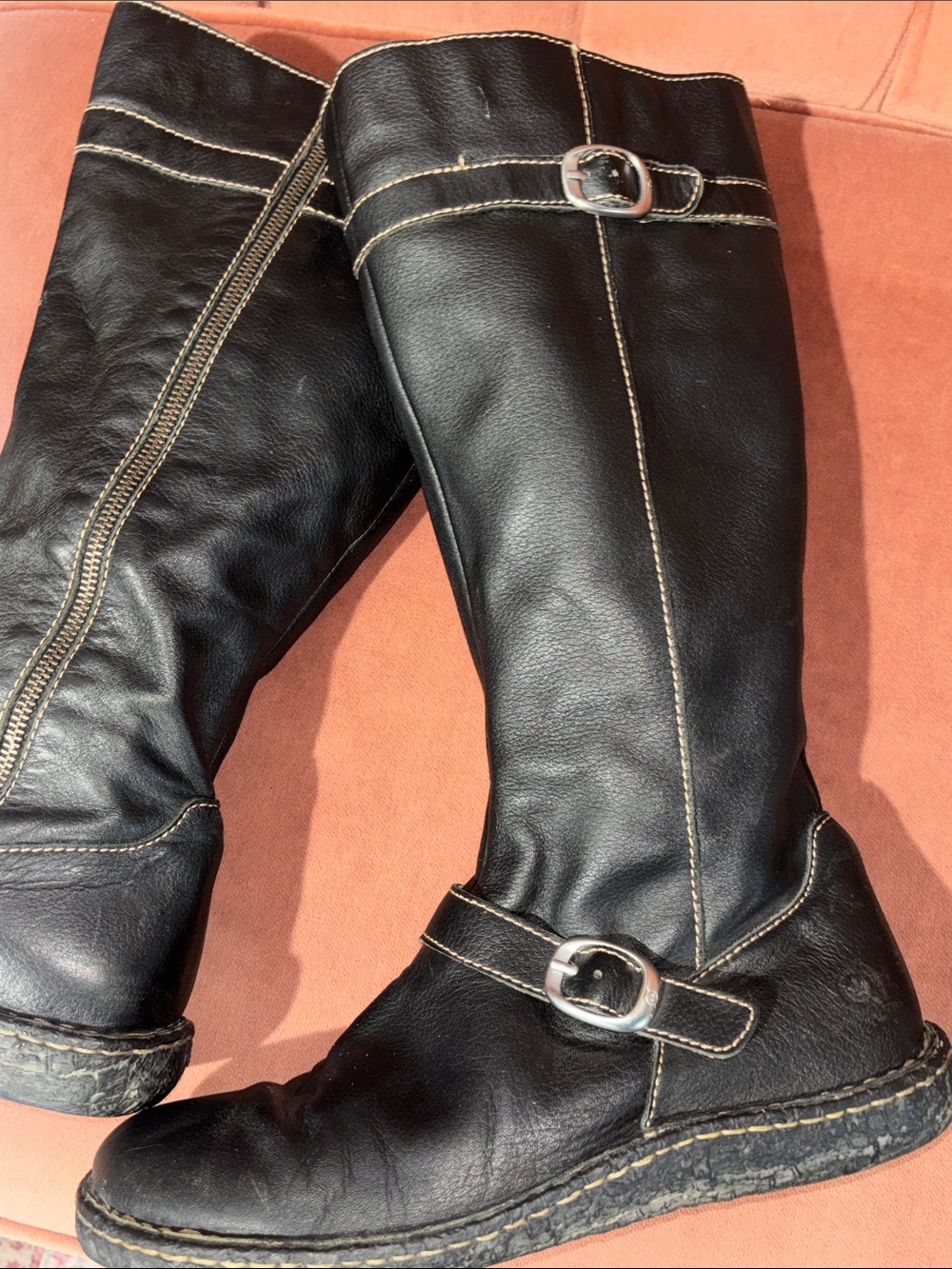 BORN black leather boots knee high zip up boots double strap detail winter boot